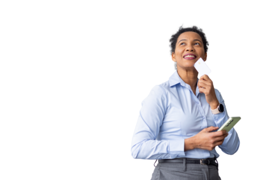 Happy businesswoman holding credit card and smartphone, thinking about online shopping, isolated on transparent background