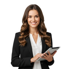 Smiling professional woman holding a digital tablet, embodying modern business communication and success, ideal for technology and corporate content.