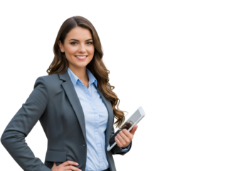 A confident and professional young businesswoman smiling, holding a digital tablet, representing modern technology integration in the corporate world.