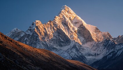 Fototapeta premium Majestic Mountain Peaks in the golden hour: A breathtaking panorama unfolds, where the raw, untamed beauty of soaring peaks meet the warm embrace of the setting sun.