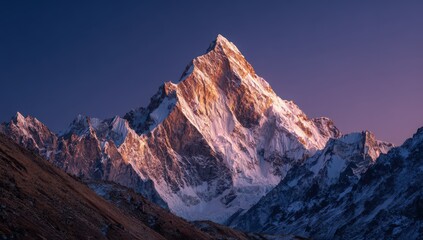 Obraz premium Majestic Peak: Witness the awe-inspiring summit of a mountain, its snow-covered peak gleaming under the soft embrace of dawn's first light. This landscape scene captures nature's grandeur.