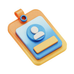 3D isometric illustration of a stylized identification badge.  A rounded rectangular orange and blue badge, with a light blue gradient and a light orange tab, features a simple person icon.  