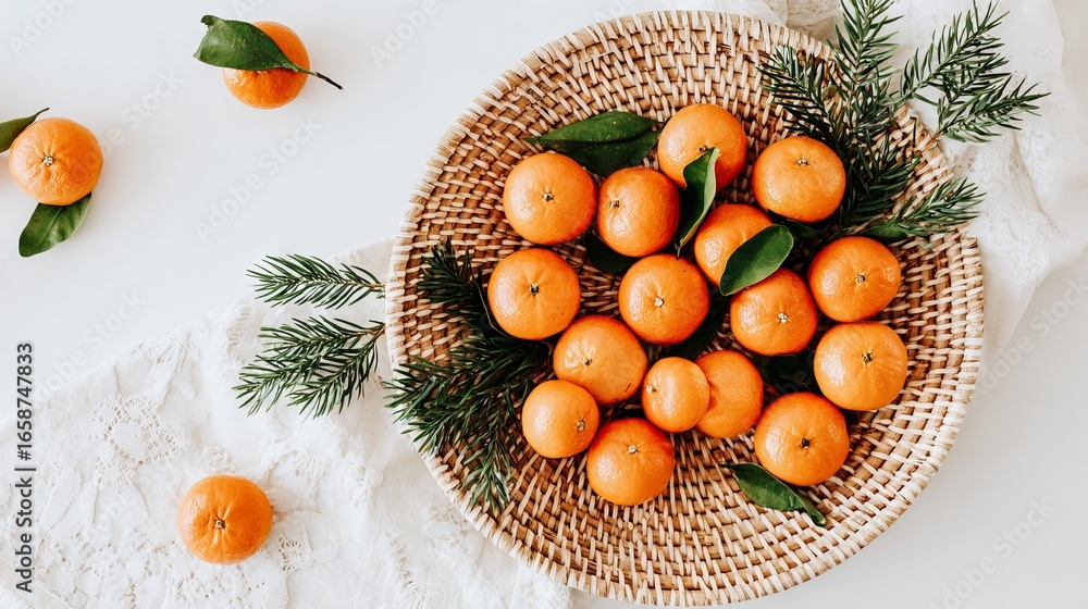 Poster fresh oranges arranged in a woven basket with green leaves, surrounded by additional oranges on a li