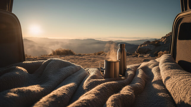 Watching the sunrise from the open trunk of a car, feet dangling over the edge, as golden light spreads across the horizon, capturing freedom, adventure, and serene reflection.. - Powered by Adobe