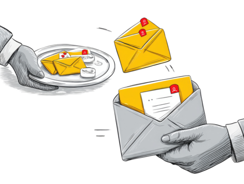 Hand-held plate with envelopes, one yellow, one gray, being passed