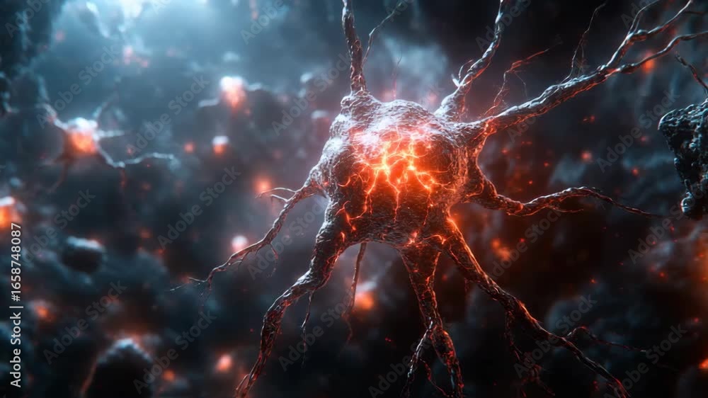 Poster glowing neuron: dynamic 3d render of brain cell activity