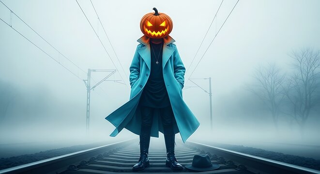 A figure with a pumpkin head stands on railway tracks in a misty and atmospheric setting at halloween