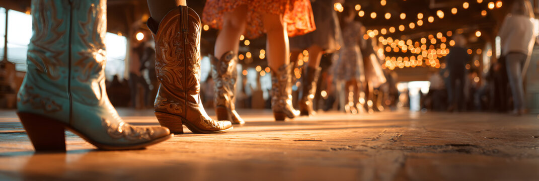 cowgirls boots doing a country line dance in a brightly lit western-themed dance hall