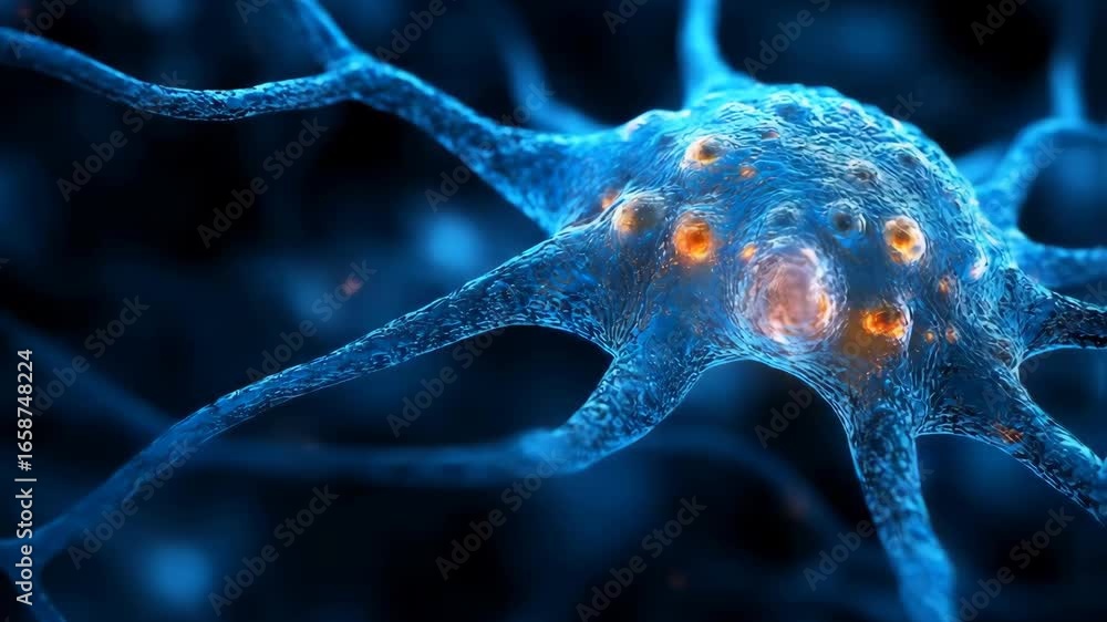 Poster glowing neuron: detailed 3d render of brain cell structure