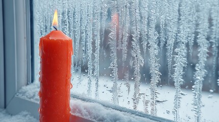 Bright orange candle with a flickering flame sits on a snowy windowsill, contrasting against icy glass with droplets, creating a warm ambiance in a cold winter setting