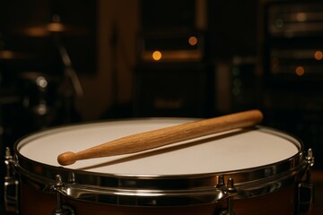 Obraz premium Drumstick rests on a snare drum, ready for a beat. Musical instrument in a dimly lit studio.