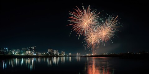 Fototapeta premium Spectacular Firework Display: A vibrant pyrotechnic display ignites the night sky above a tranquil waterfront, casting colorful reflections on the still water and illuminating the distant cityscape.