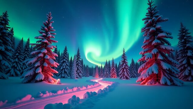 Winter wonderland aurora borealis snow covered trees landscape christmas scene wallpaper background image