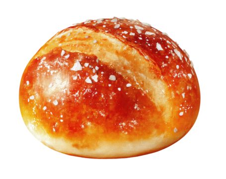 Round, golden-brown bread bun, slightly domed top,  with a  light,  crispy crust and  visible  salt  sprinkles
