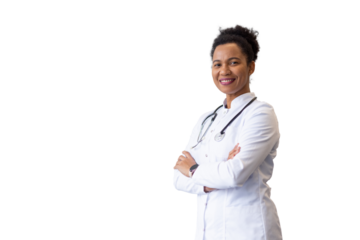 Smiling doctor wearing lab coat and stethoscope, crossing arms on transparent background, exuding confidence and professionalism