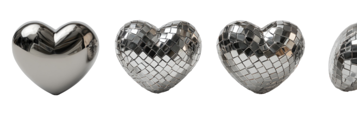 Four heart-shaped objects; two polished, two with a mirrored mosaic design