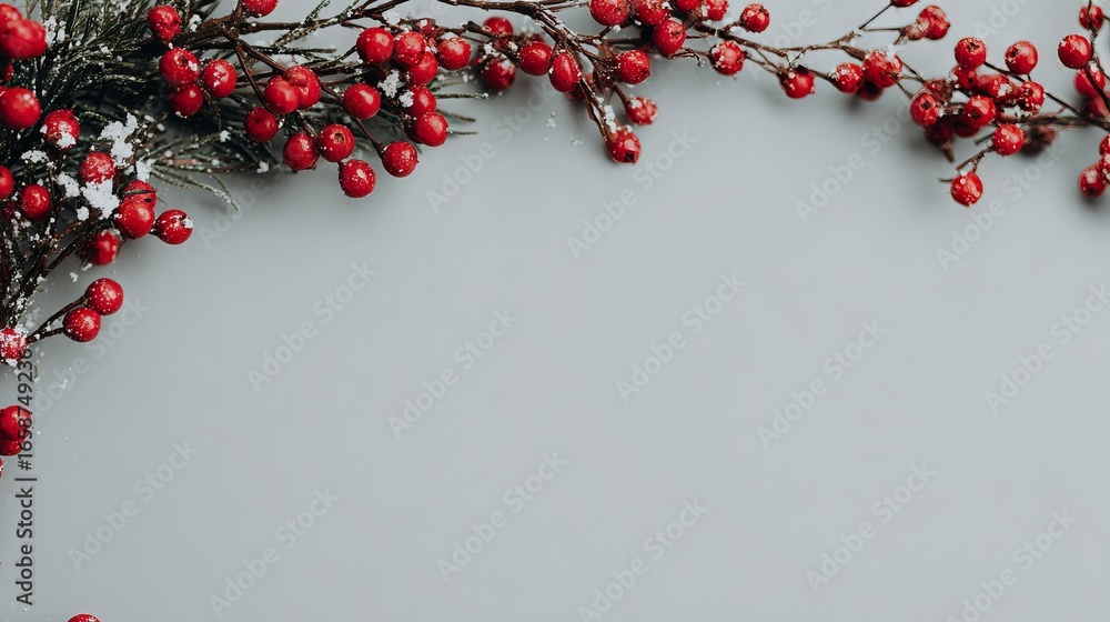 Poster red berries and green foliage arranged on a soft gray background, creating a festive atmosphere with