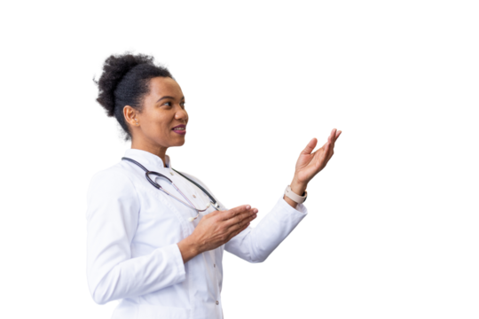 Healthcare worker explaining medical concept, using expressive hand movements against clear backdrop