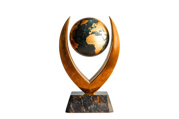 Golden globe trophy with marble base isolated on transparent background