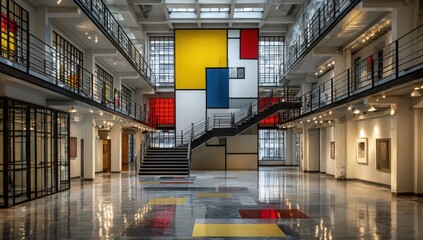 Modern Museum's Architecture: Captivating view of a modern museum interior, with a striking interplay of geometric patterns and reflective surfaces. The architectural design evokes a sense of space.