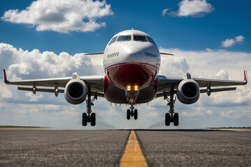 Obraz premium Front View of Commercial Airplane on Runway Ready for Takeoff