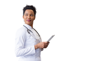 Female medical professional smiling, holding digital tablet, glancing sideways, transparent background representing healthcare technology innovation