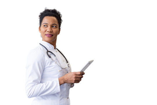 Female medical professional smiling, holding digital tablet, glancing sideways, transparent background representing healthcare technology innovation