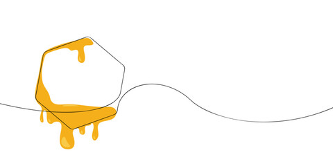 One line colored drawing of a honeycomb cell with golden honey dripping. Minimalist linear illustration. Beekeeping, organic food and natural product concept.