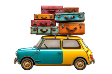 Vintage car loaded with stacked suitcases isolated on transparent background
