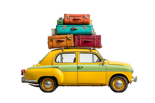 Fototapeta Vintage car loaded with luggage isolated on transparent background