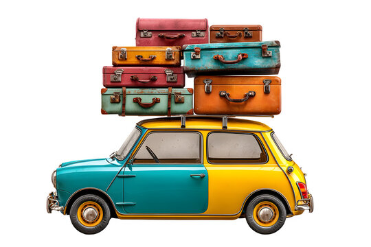 Fototapeta Vintage car loaded with stacked suitcases isolated on transparent background