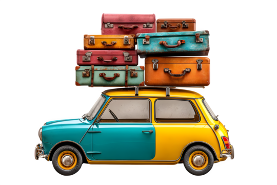 Vintage car loaded with stacked suitcases isolated on transparent background
