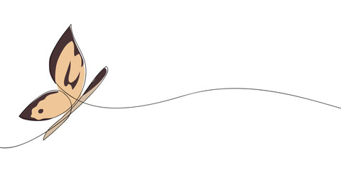 Minimalist line drawing with color accents of a butterfly in flight. Insect illustration for nature, springtime, wildlife, and decorative design concepts