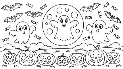 Halloween coloring page with ghosts bats pumpkins and moon