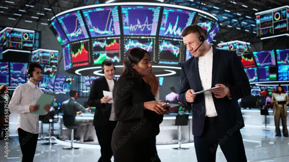 Poster busy trader man analyzing stocks on computer screen for profit