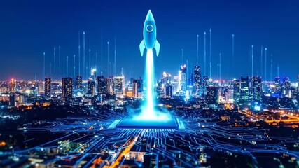 Rocket Launching from Cityscape with Digital Circuitry Overlay - Powered by Adobe