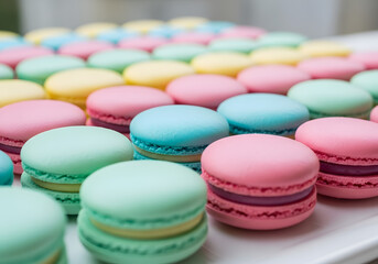 Colorful Macarons Arranged in Rows, Vibrant Pastel Dessert Treats