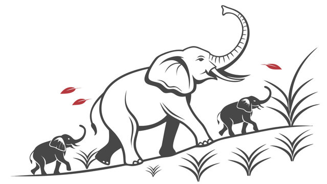 A mother elephant leads her two calves across a grassy hill with red leaves