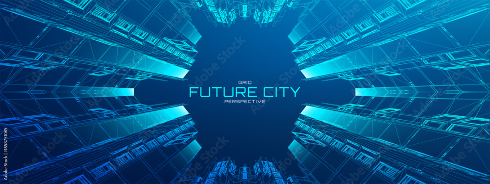 Poster metaverse city with futuristic 3d buildings and neon tech backgrounds. abstract cyber skyscrapers wi