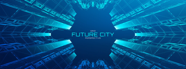 Metaverse city with futuristic 3D buildings and neon tech backgrounds. Abstract cyber skyscrapers with glowing outlines and AI data networks. NFT-ready urban scenes or blockchain system designs. © RDVector