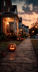 Autumnal Twilight: Illuminated jack-o'-lantern sits on a path in front of houses at dusk, capturing the essence of a cozy Halloween night.