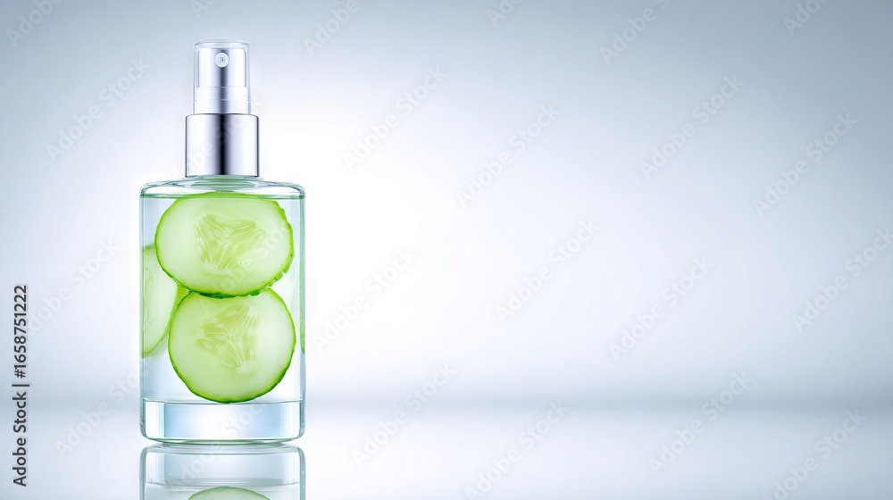 Poster transparent spray bottle filled with refreshing cucumber slices, showcasing a clean and modern desig