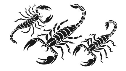 Naklejka premium Three stylized black scorpions in a tribal tattoo design on a white background