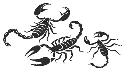 Three stylized black scorpions with segmented tails and claws raised on a white background