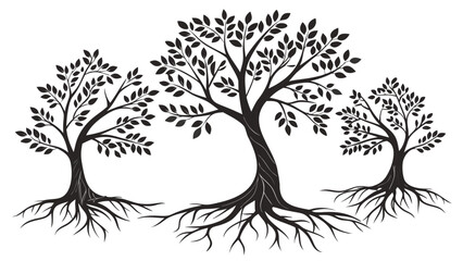 Obraz premium Three stylized black silhouette trees with visible roots and leafy branches on a white background
