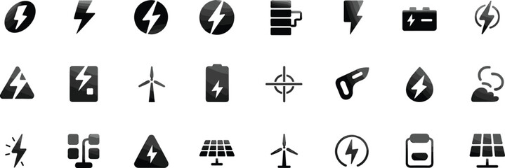 Electricity icons set, energy symbols, power icons, lightning bolt, battery, solar panel, wind turbine, electric charge, renewable energy vector