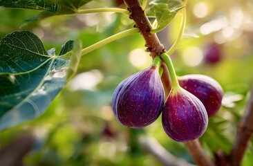 Ripe purple figs hanging on a branch with green leaves, captured in natural sunlight. Fresh organic fruit in a garden setting. Close-up macro shot.
