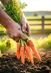 Farmer's dirty hands holding a bunch of freshly harvested carrots against a sunset background. Farm-to-table concept and organic produce for healthy living blogs