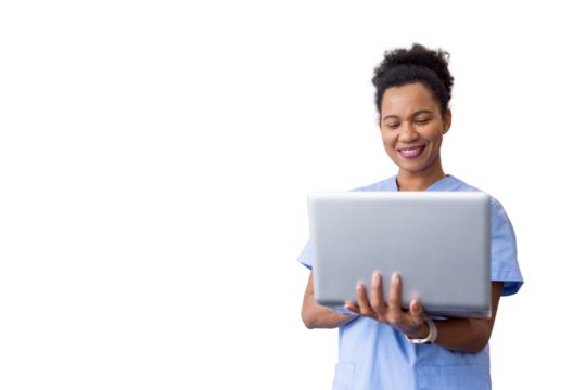 Smiling healthcare worker typing on laptop, working comfortably, transparent background highlighting medical technology collaboration