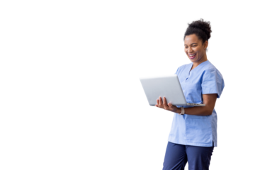 Medical professional typing on laptop, wearing scrubs, representing digital healthcare innovation with professional demeanor